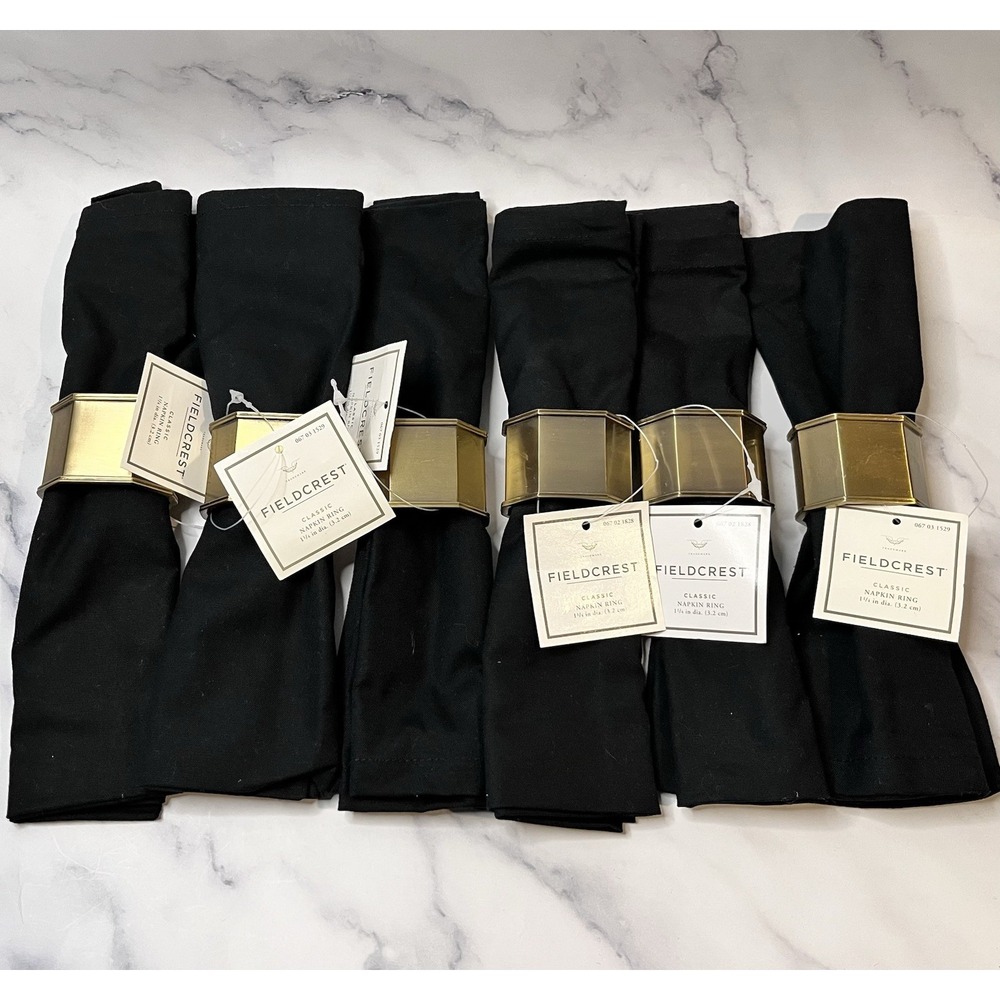 2000's Vintage Fieldcrest Brass Tone Napkin Rings W/ Black Napkins 6 Pc Set